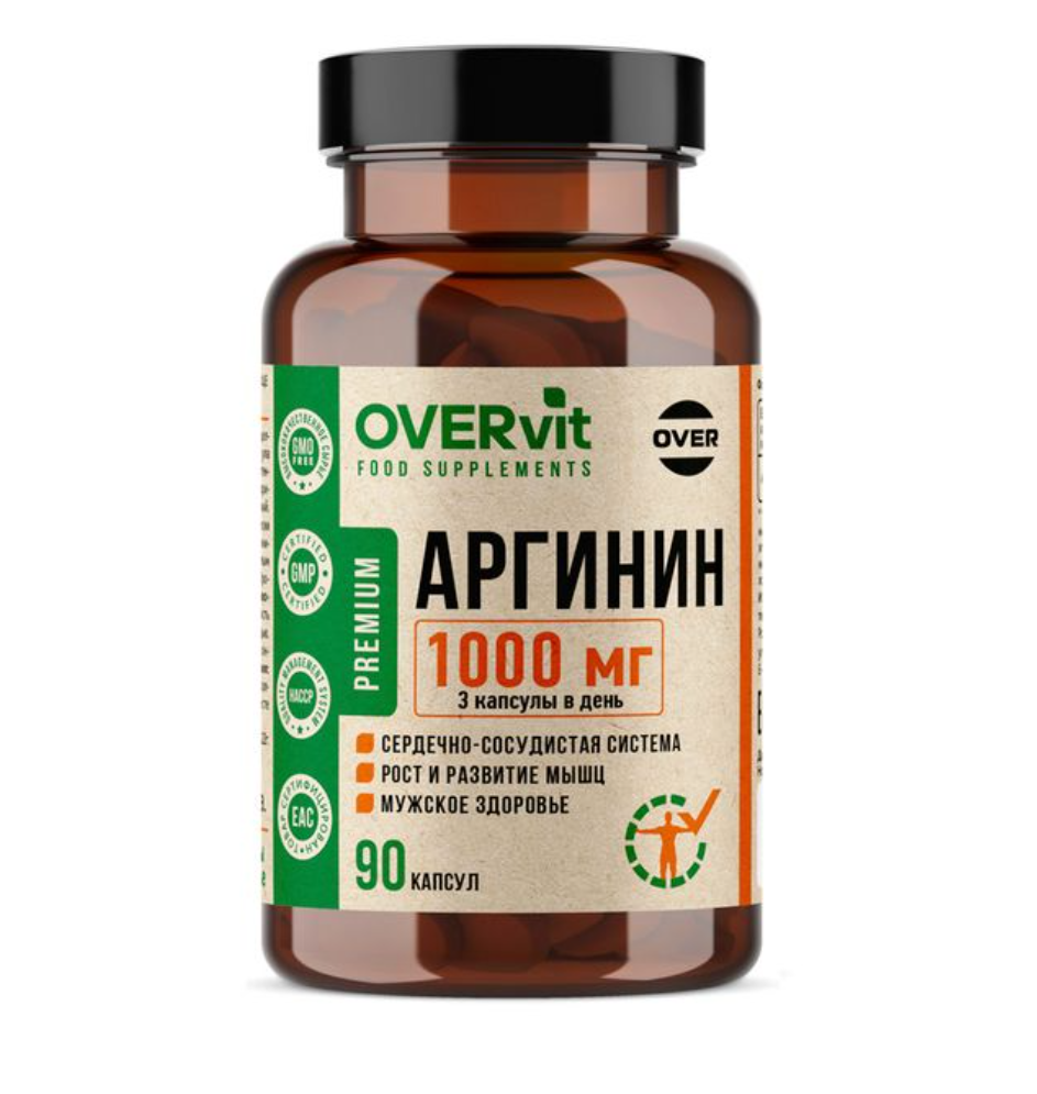 фото упаковки Overvit Аргинин 1000мг, витамины для мужчин, для мышечной массы