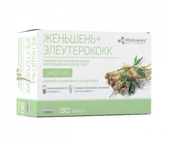 фото упаковки Vitascience Комплекс Женьшень, элеутерококк, зелёный чай