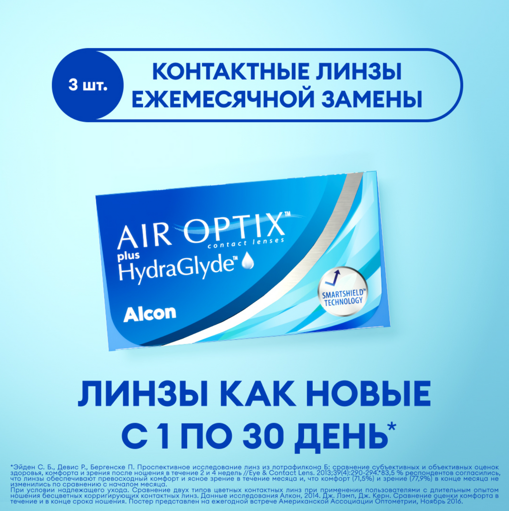 Alcon Air Optix Plus HydraGlyde Линзы контактные, BC=8.6 d=14.2, D(-4.25), 3 шт.