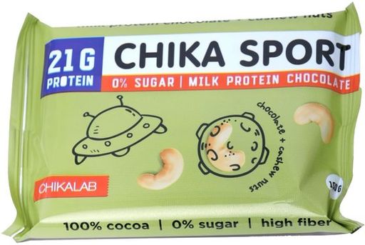 Chikalab chikasport шоколад молочный протеиновый без сахара, шоколад, кешью, 100 г, 1 шт.