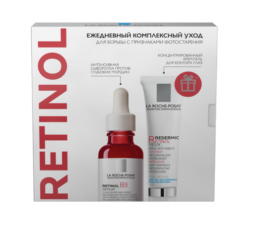 La Roche-Posay Набор Retinol Ежедневный комплексный уход, сыворотка 30 мл+Redermic крем-гель д/глаз 15 мл+антивозрастной крем SPF50 15 мл, для борьбы с признаками фотостарения, 1 шт.